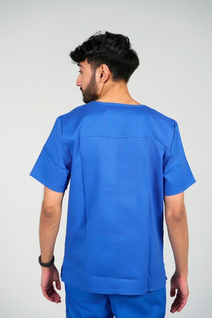 Men's 4-Pocket Scrub Top in Royal Blue back view on model