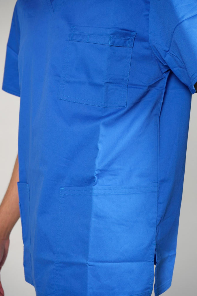 Men's 4-Pocket Scrub Top in Royal Blue closeup on bottom and top pockets