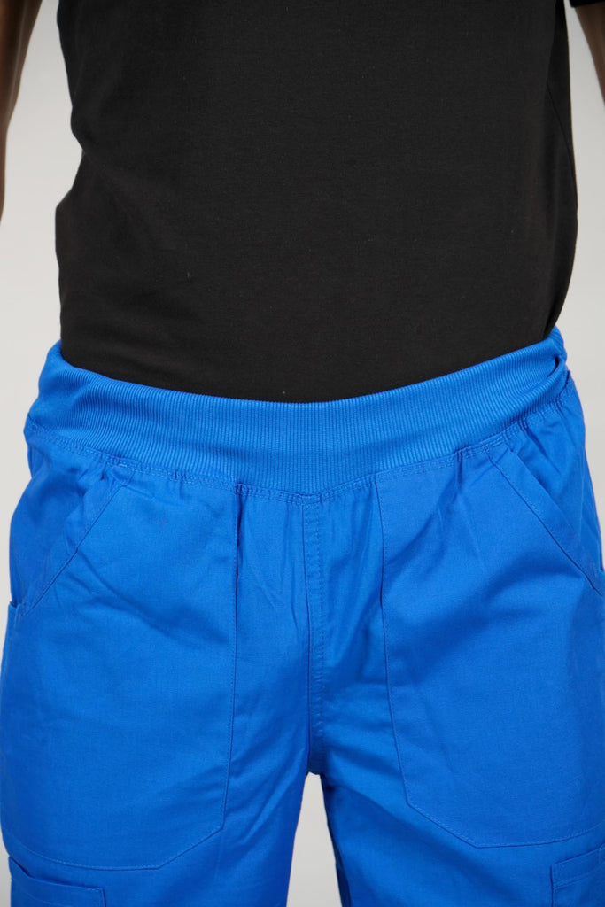 Men's 6-Pocket Elastic Scrub Pant in Royal Blue closeup on waistband