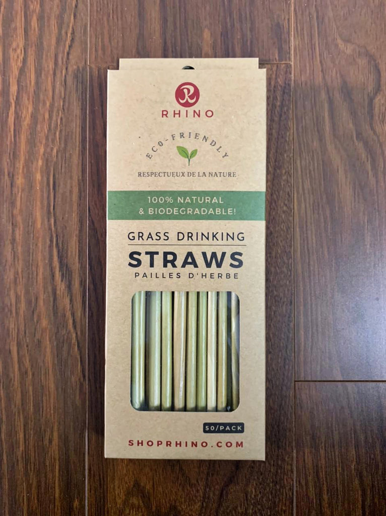 Rhino Eco Grass Drinking Straws inside recyclable packaging