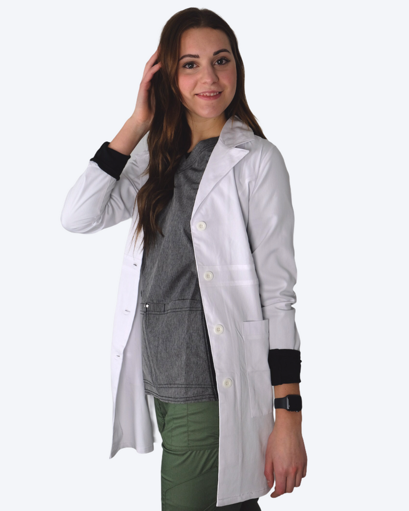 White Lab Coat Mid Length side view on model
