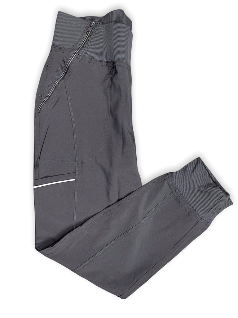 Women's Performance Scrub Jogger in shade charcoal folded view, showing elastic waistband, zip, pocket and ankle cuff