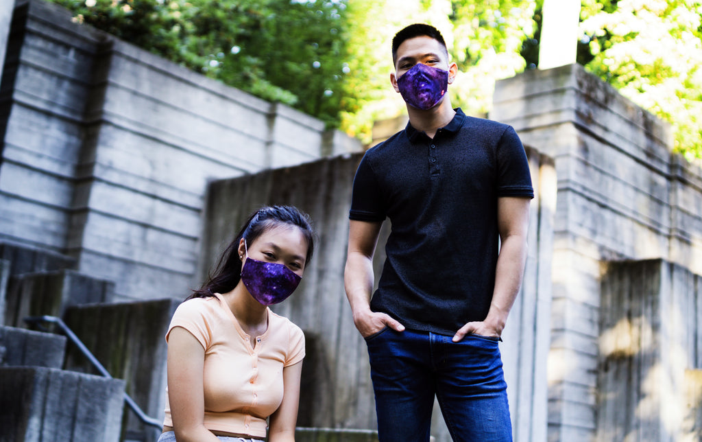 Reusable Adult Face Mask Constellations design worn by female and male model