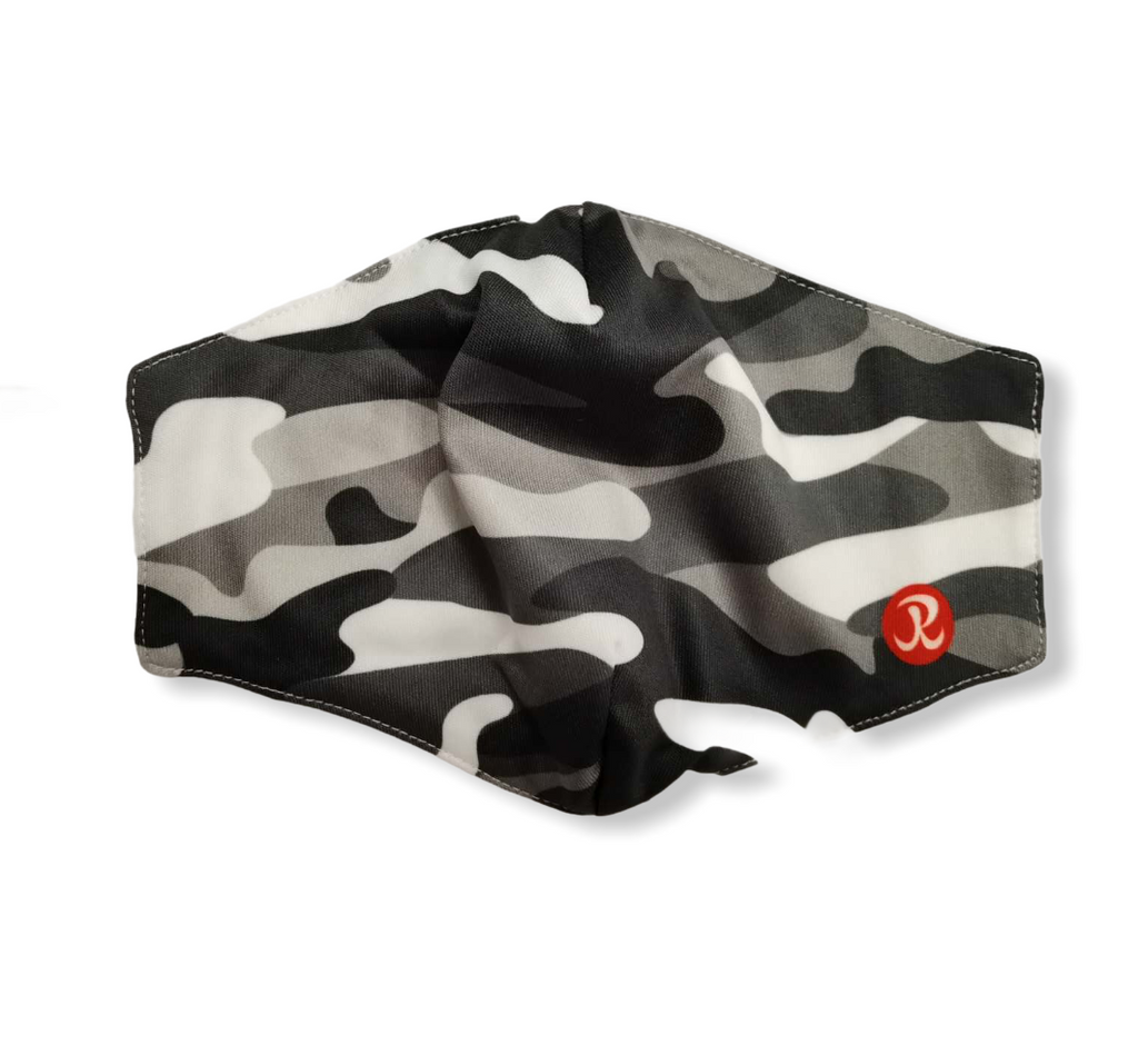 Reusable Adult Face Mask in Grey Camo front view of product with logo