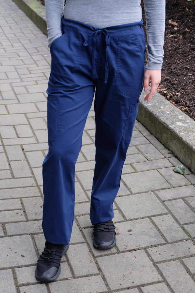 Women's 4-Pocket Scrub Pants in navy front view on model