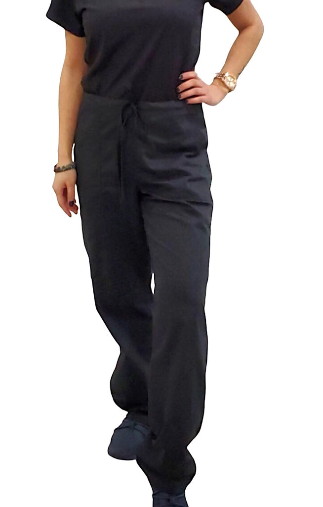 Women's Drawstring Relaxed Fit Scrub Pants in black on model front view