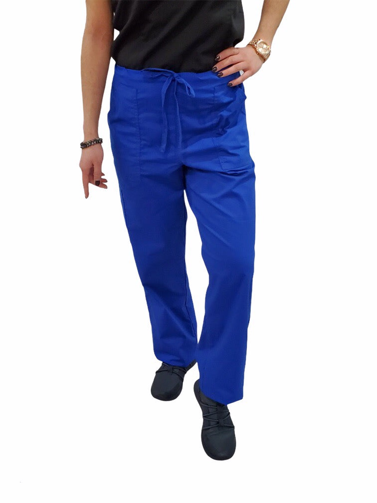 Women's Drawstring Relaxed Fit Scrub Pants in indigo on model front view