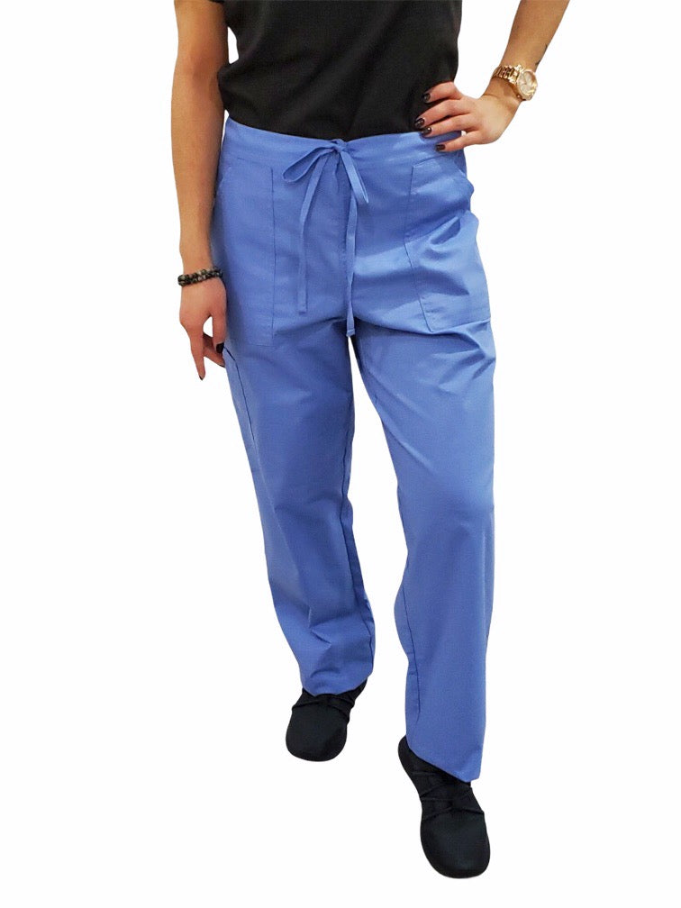 Women's Drawstring Relaxed Fit Scrub Pants in periwinkle front view on model