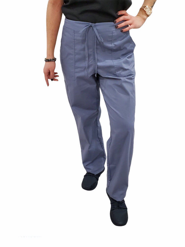 Women's Drawstring Relaxed Fit Scrub Pants in pewter front view on model