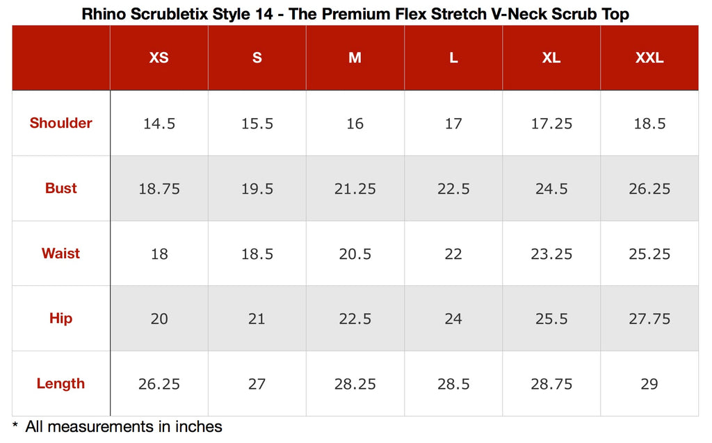 TWU Pre-Embroidered Flex Stretch V-Neck Scrub Top sizing guide