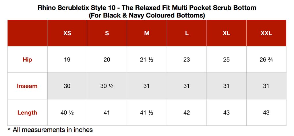 Women's 4-Pocket Relaxed Fit Scrub Pants sizing guide