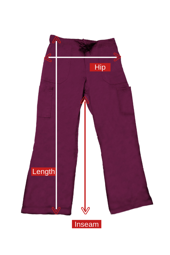 Women's 4-Pocket Relaxed Fit Scrub Pants sizing guide diagram