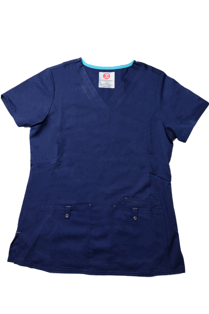 TWU Pre-Embroidered Flex Stretch V-Neck Scrub Top in navy front view