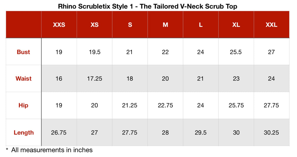 Women's Tailored 4-Pocket V-Neck Scrub Top Sizing Guide