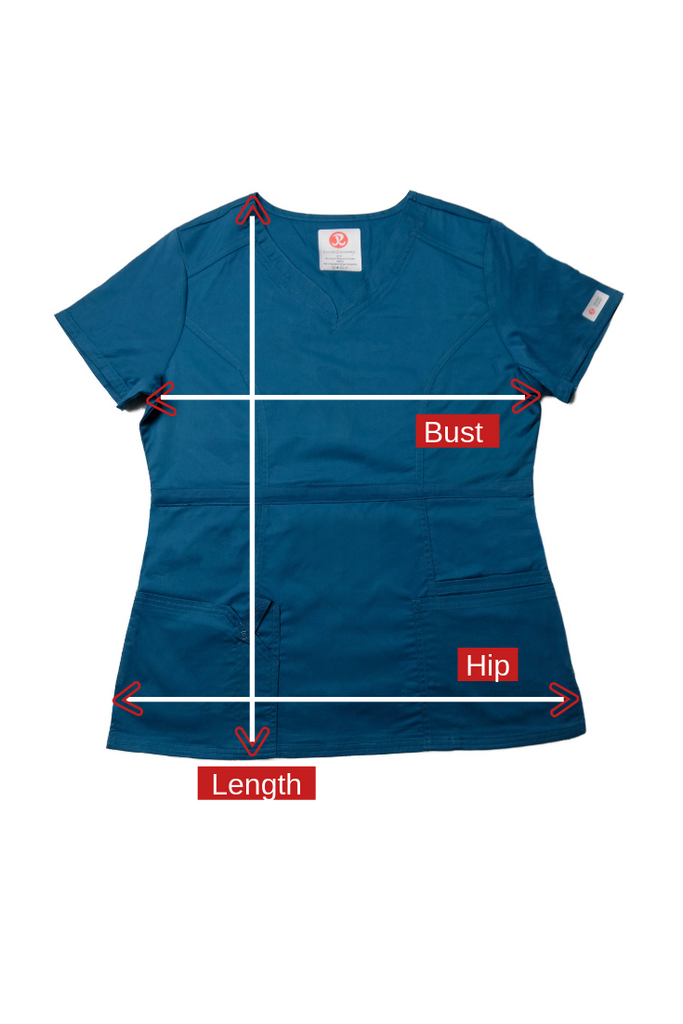 Women's 4-Pocket Curved V-Neck Scrub Top Sizing Guide Diagram