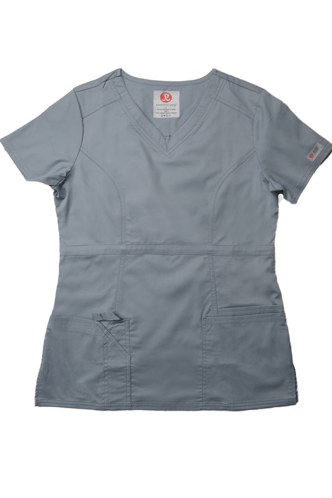 Women's 4-Pocket Curved V-Neck Scrub Top in Light Grey front view