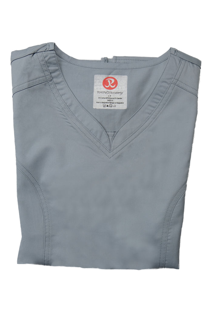 Women's 4-Pocket Curved V-Neck Scrub Top in Light Grey folded view