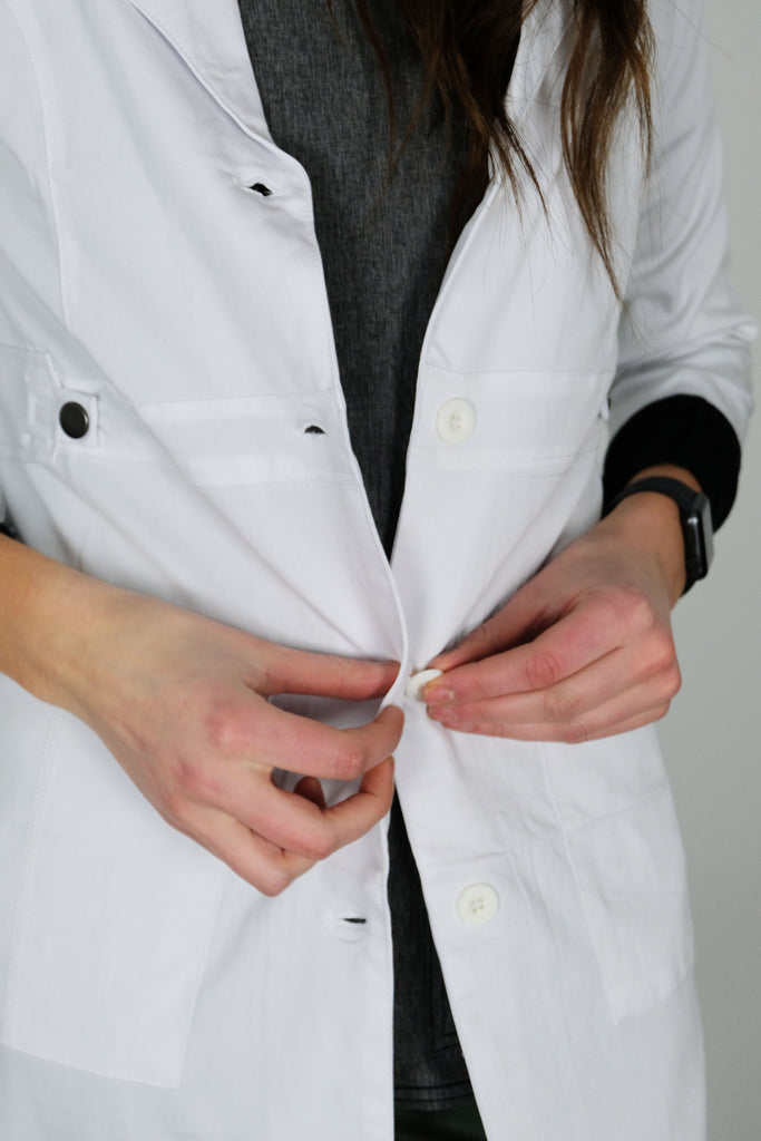 White Lab Coat Mid Length closeup on buttons