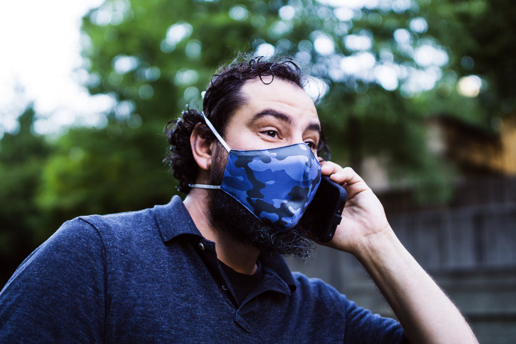 Reusable Adult Face Mask in Blue Camo side view on model