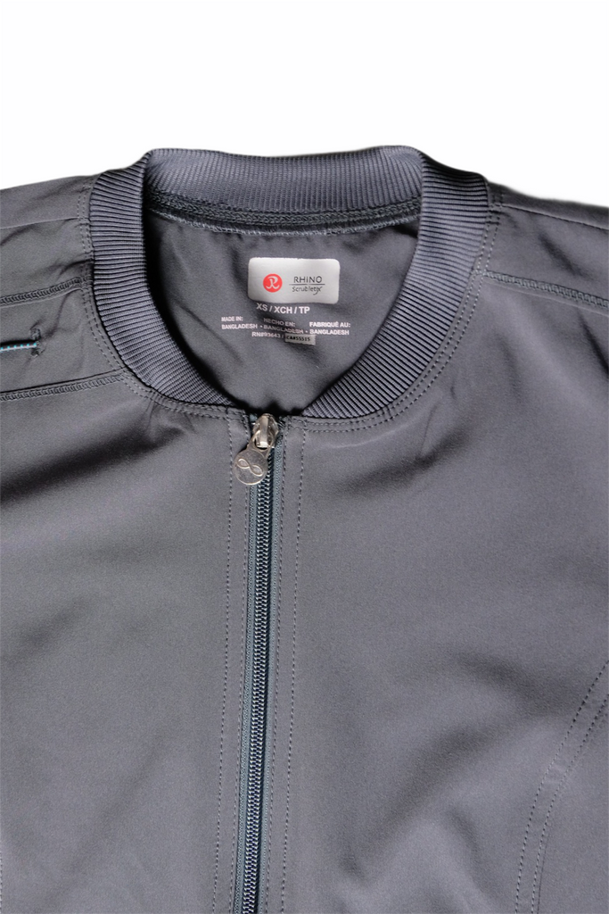 Women's Performance Scrub Jacket in charcoal closeup view on collar and zip