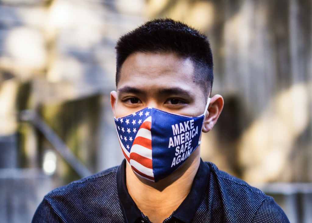 Reusable Adult Face Mask in Make America Safe Again design worn by model