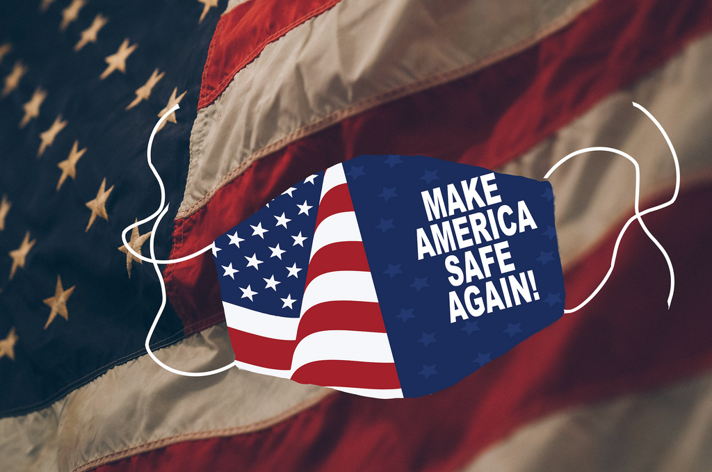 Reusable Adult Face Mask in Make America Safe Again design against american flag background