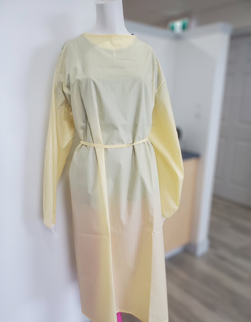 Reusable Isolation Gown in yellow front view on mannequin
