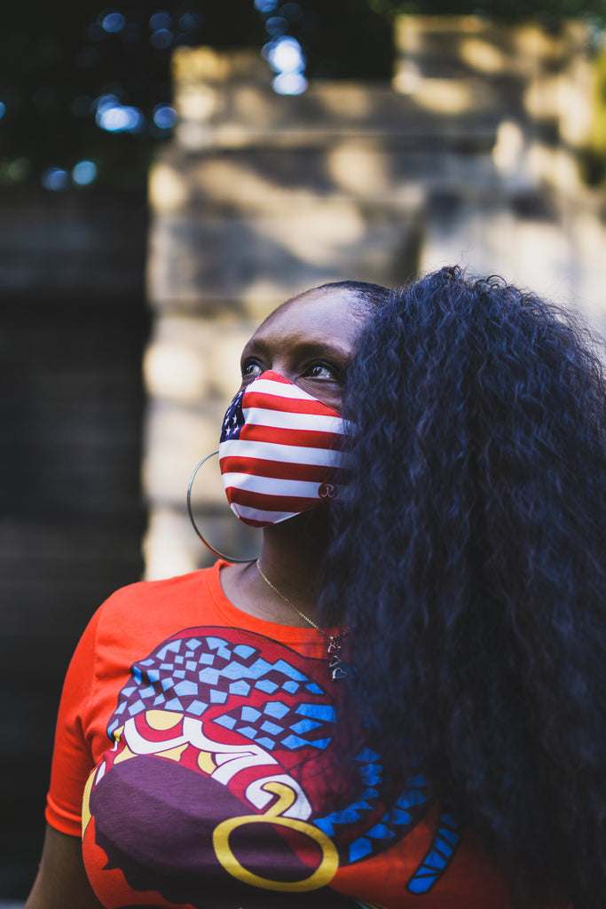 Reusable Adult Face Mask - USA Flag sideview worn on model