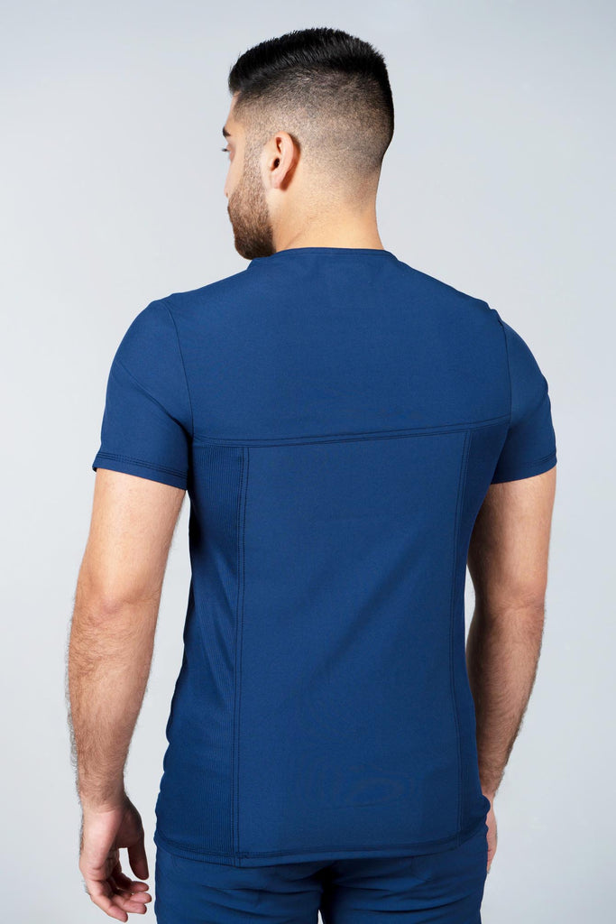 Men's Performance Scrub Top in Navy back view on model