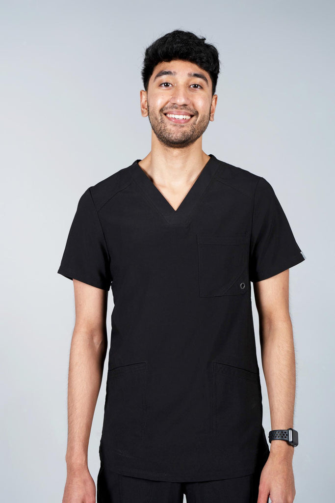 Men's Performance Scrub Top in Black front view on model