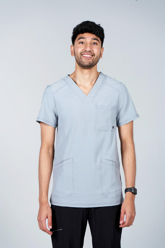 Men's Performance Scrub Top in Light Grey front view on model