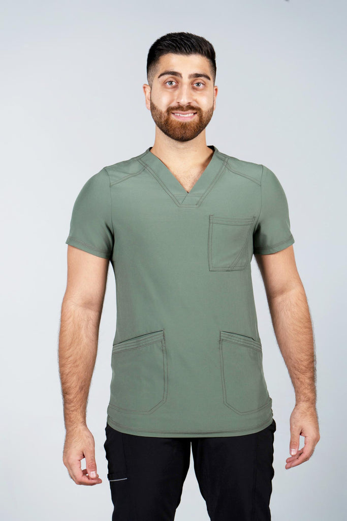 Men's Performance Scrub Top in Olive front view on model