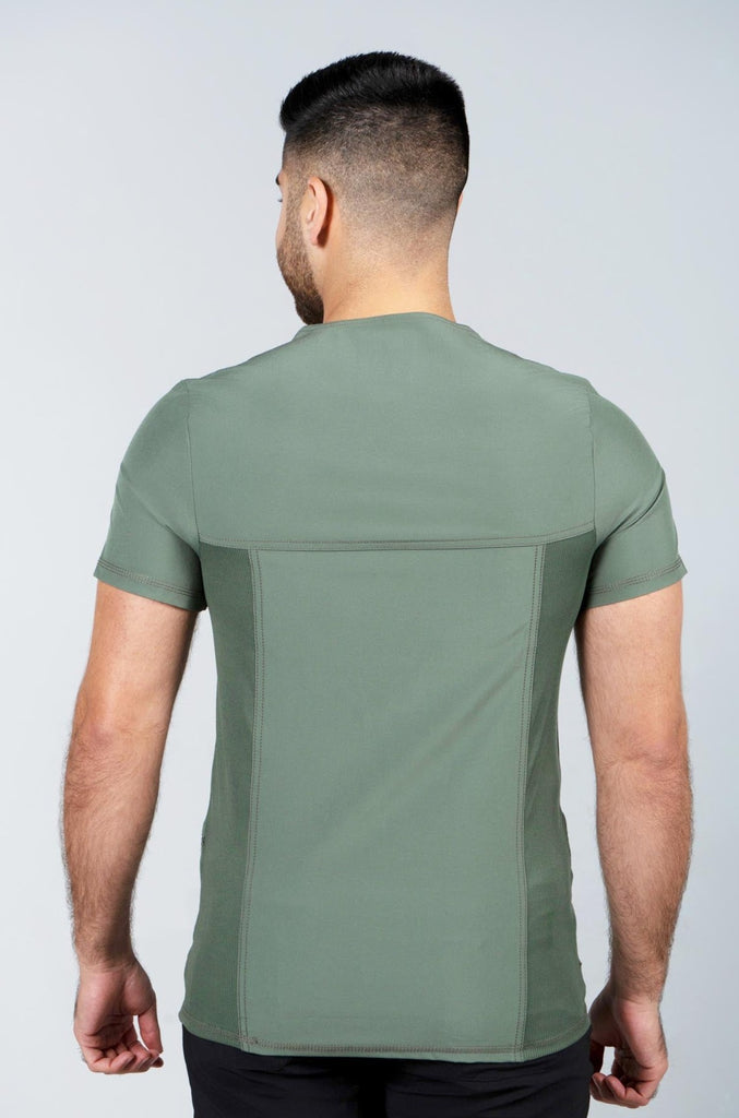 Men's Performance Scrub Top in Olive back view on model