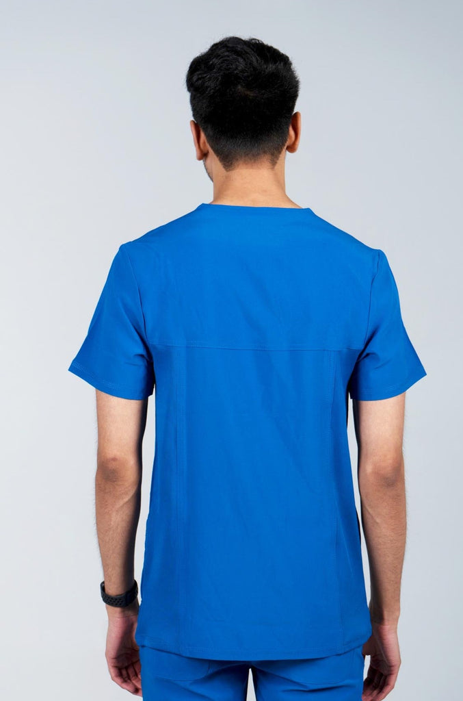 Men's Performance Scrub Top in Royal Blue back view on model
