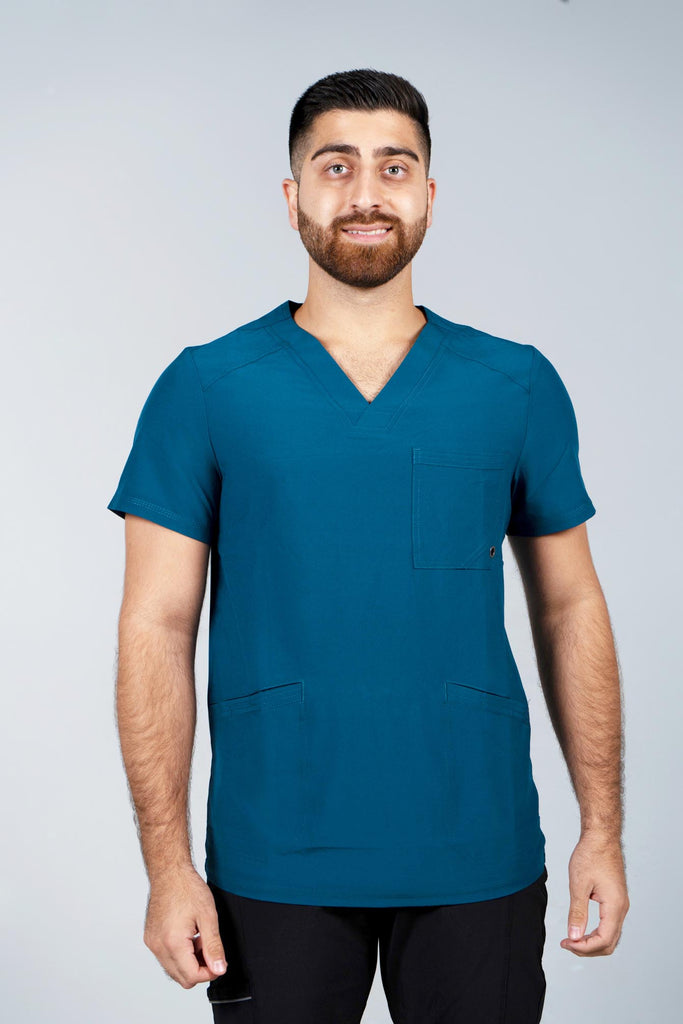 Men's Performance Scrub Top in Caribbean front view on model