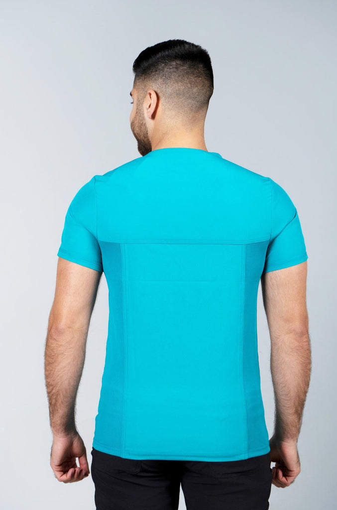 Men's Performance Scrub Top in Teal back view on model