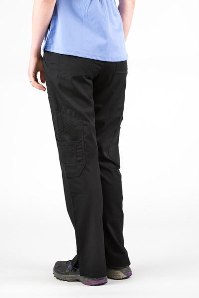 Women’s premium Flex Scrub Pants in shade black shown from behind paired with periwinkle flex scrub top 