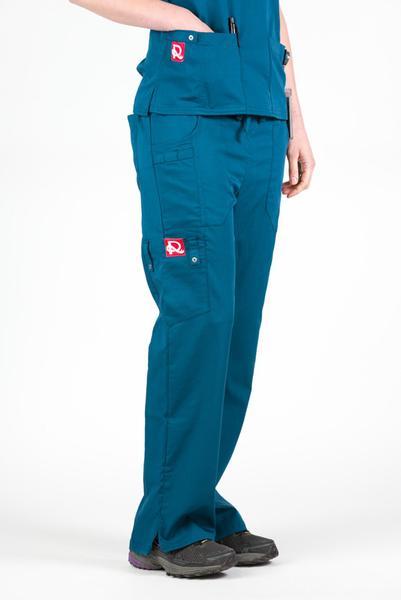 Women’s premium Flex Scrub Pants in shade caribbean shown from side paired with matching caribbean flex scrub top 