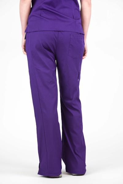Women’s premium Flex Scrub Pants in shade eggplant shown from behind paired with matching eggplant flex scrub top. 