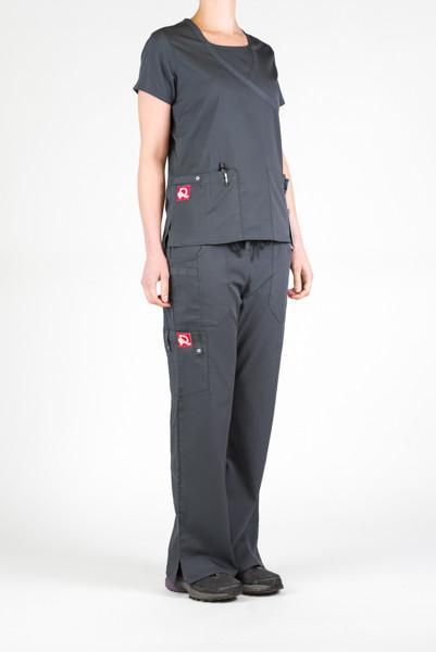 Women’s premium Flex Scrub Pants and Flex Scrub top matching set in shade pewter shown from front with logos