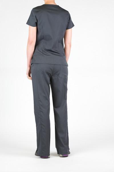 Women’s premium Flex Scrub Pants and Flex Scrub top matching set in shade pewter shown from behind
