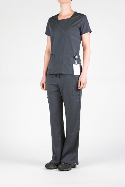 Women’s premium Flex Scrub Pants and Flex Scrub top matching set in shade pewter shown from front with id badge hanging from utility loop