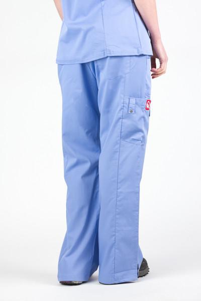 Women’s premium Flex Scrub Pants in shade periwinkle shown from behind paired with matching periwinkle flex scrub top. 