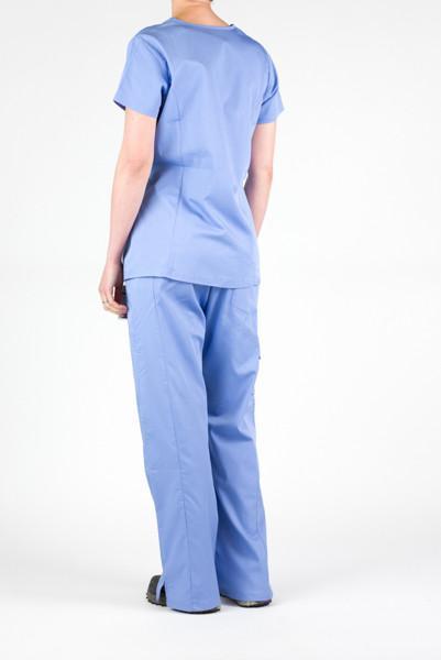 Women’s premium Flex Scrub Pants and Flex Scrub top matching set in shade periwinkle shown from behind
