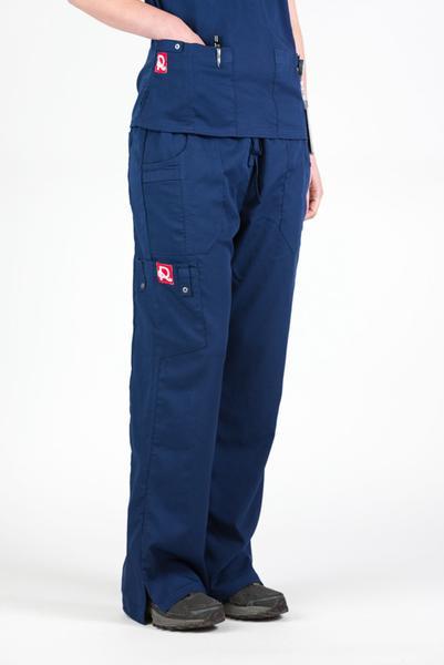 Women’s premium Flex Scrub Pants in shade navy shown from side paired with matching navy flex scrub top.