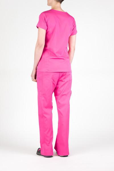 Women’s premium Flex Scrub Pants and Flex Scrub top matching set in shade pink shown from behind