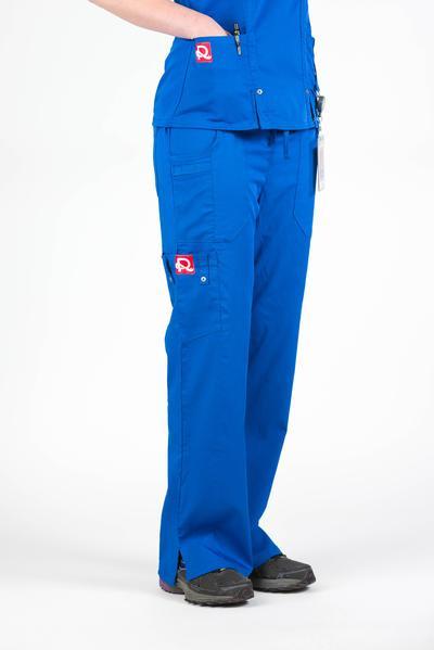 Women’s premium Flex Scrub Pants in shade royal blue shown from side with logos