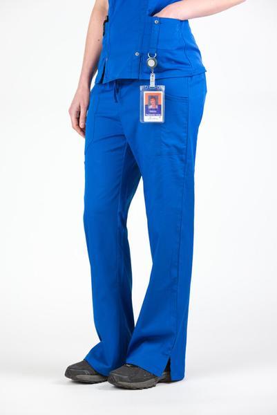 Women’s premium Flex Scrub Pants in shade royal blue shown from id badge hanging from utility loop