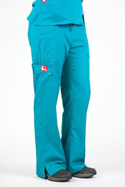 Women’s premium Flex Scrub Pants in shade teal shown from side with logo