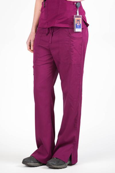Women’s premium Flex Scrub Pants in shade wine shown from front with id badge hanging from utility loop on matching top